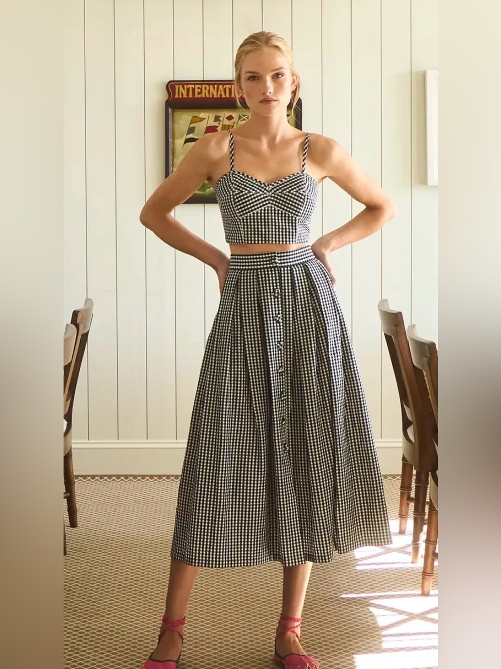 HUNTER BELL EVA Skirt Black and White seersucker Gingham Midi Skirt Size 14 NWT